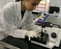 Colocación de la muestra fósil en la zona de colecta, asegurando que el ejemplar quede lo más perpendicular posible al láser.